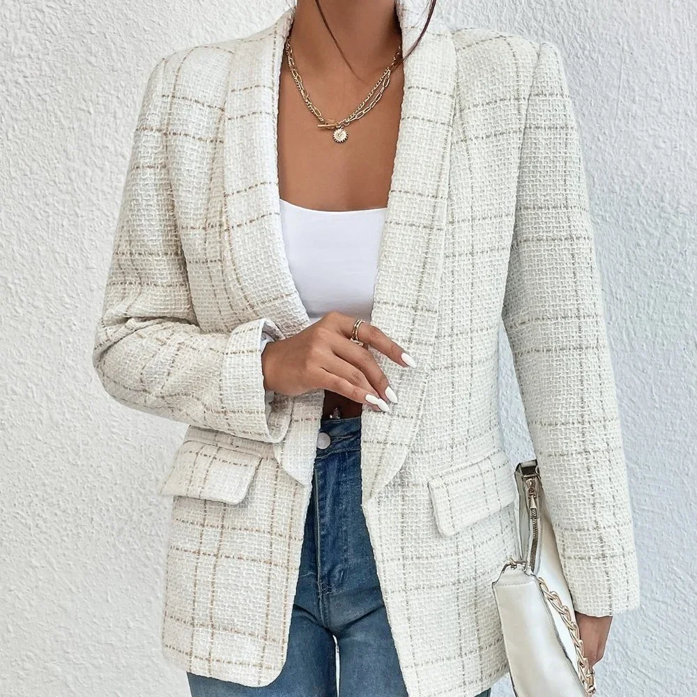 White Casual Womens Houndstooth Print Open Front Blazer - Picture 4 of 5